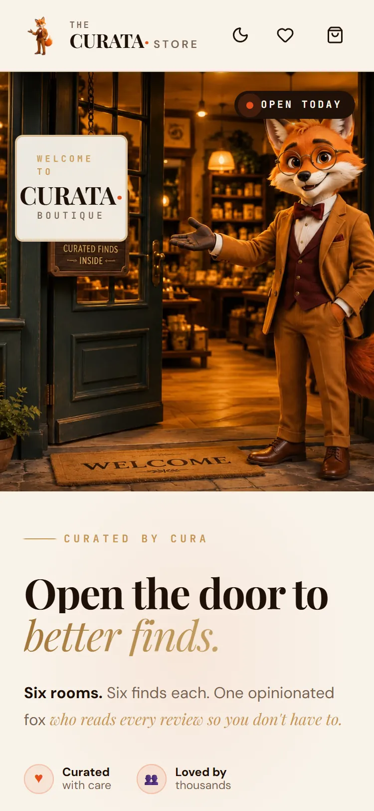 CURATA: screenshot of the home page, mobile (375 px).