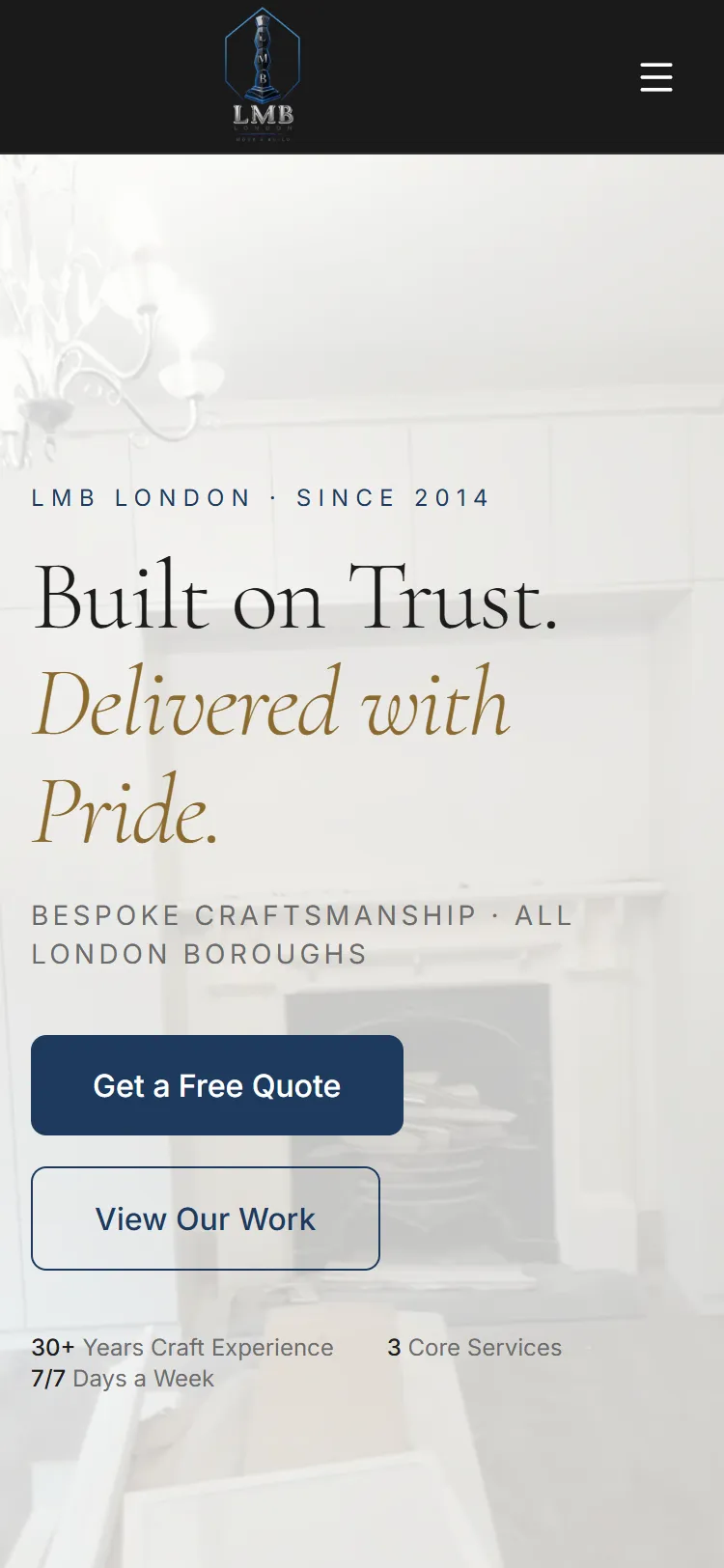 London Move Build: screenshot of the home page, mobile (375 px).