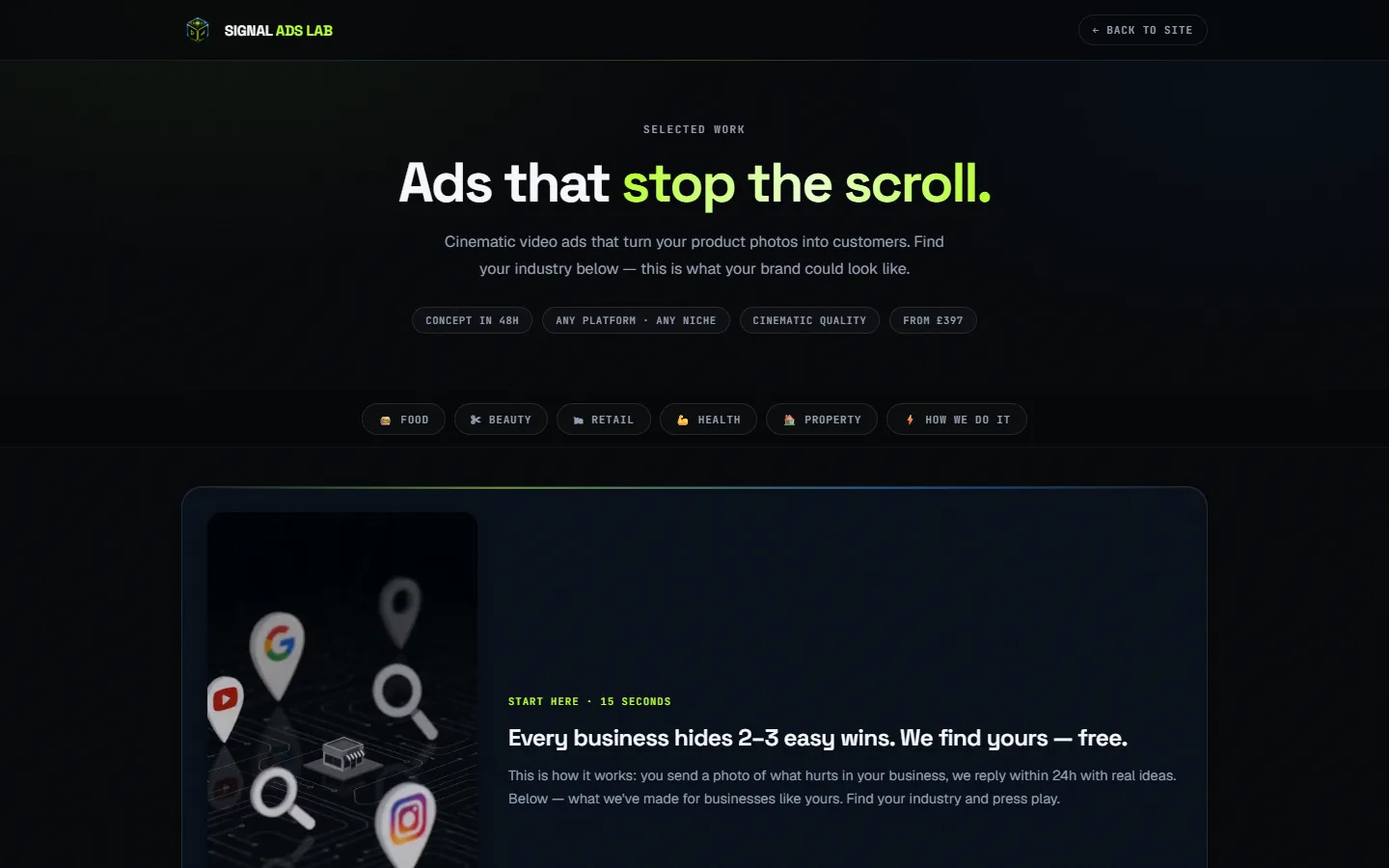 Signal Ads Lab portfolio page, desktop (screenshot from the site's files)