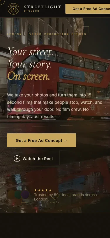 Streetlight Studios: screenshot of the home page, mobile