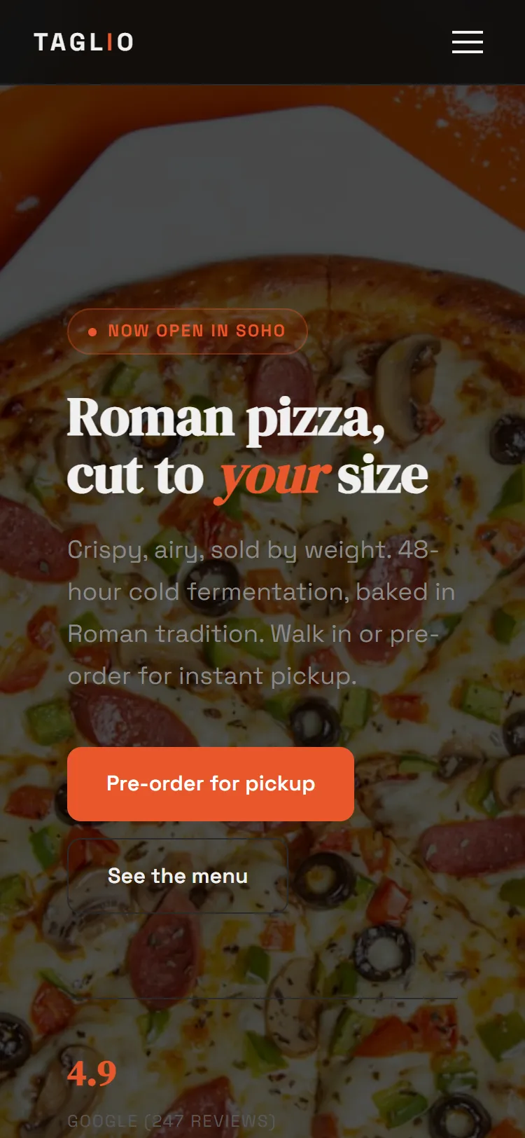 TAGLIO Soho: screenshot of the home page, mobile (375 px).